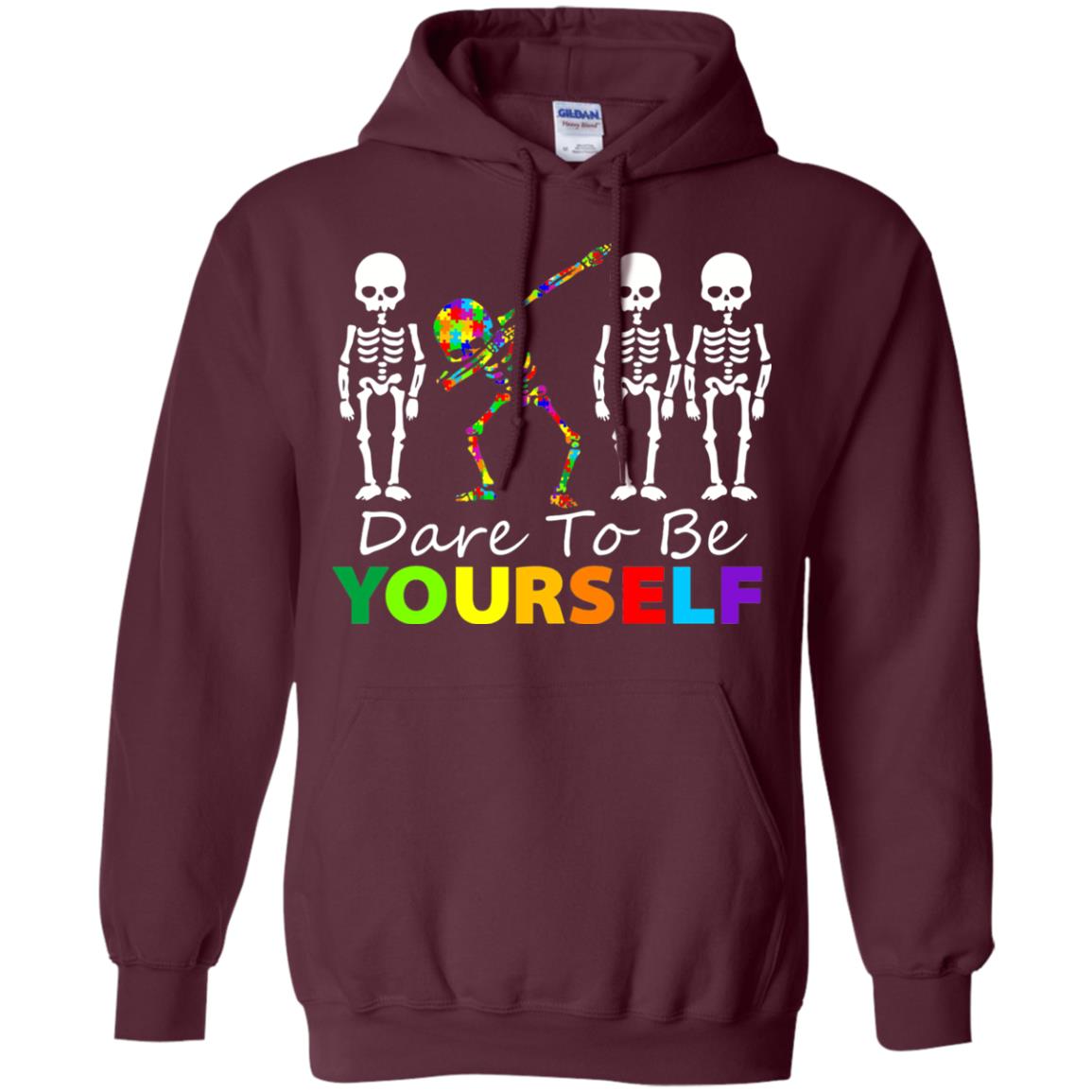 Skeleton Dabbing Dare To Be Yourself Autism Awareness Shirt Maroon