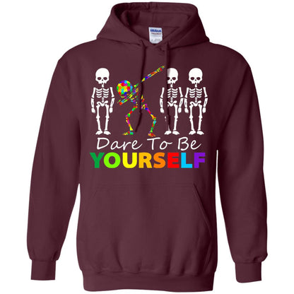 Skeleton Dabbing Dare To Be Yourself Autism Awareness Shirt Maroon