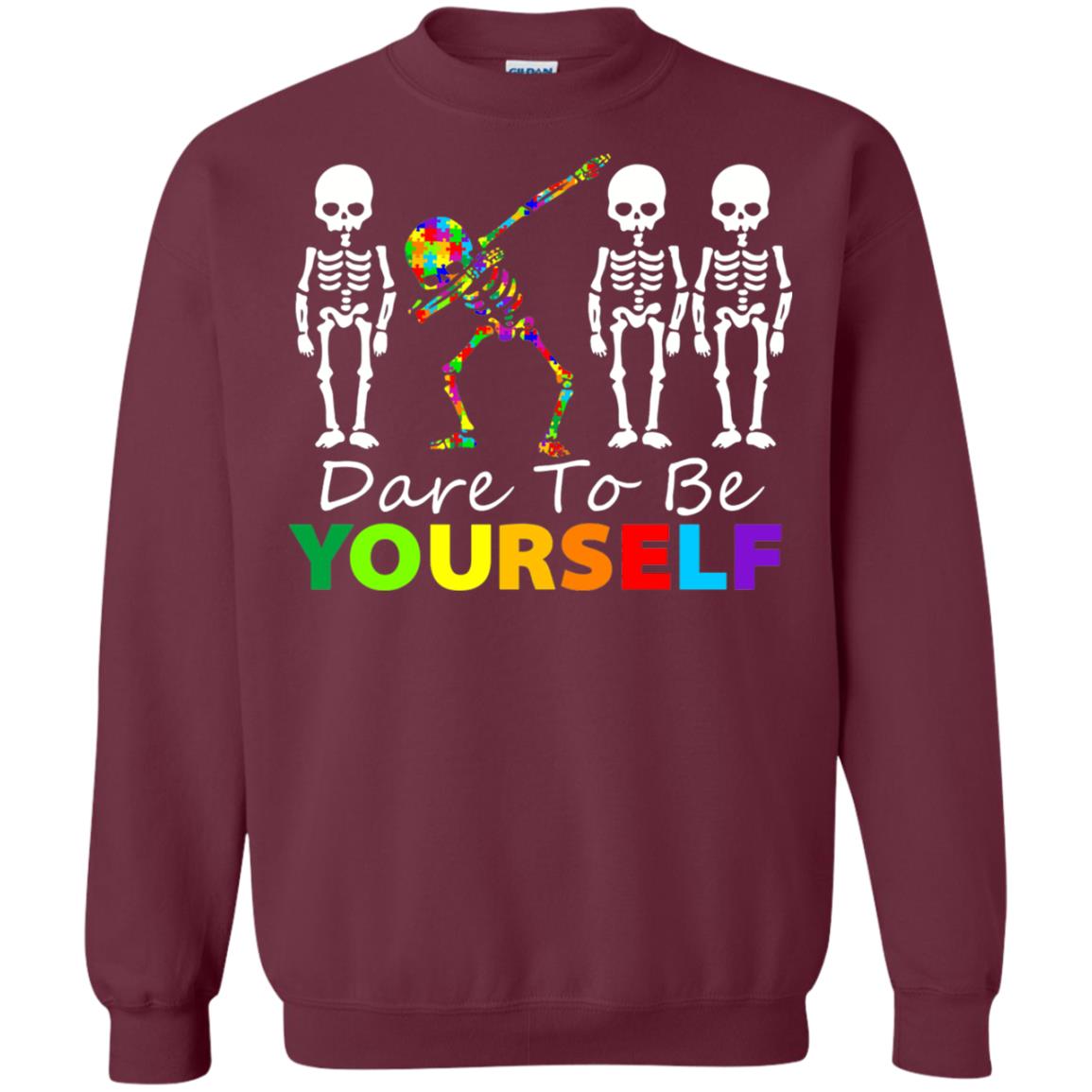 Skeleton Dabbing Dare To Be Yourself Autism Awareness Shirt Maroon