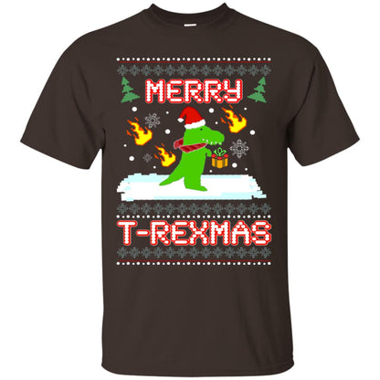 Merry T-rexmas X-mas Dinosaur Saurus Gift Shirt Dark Chocolate