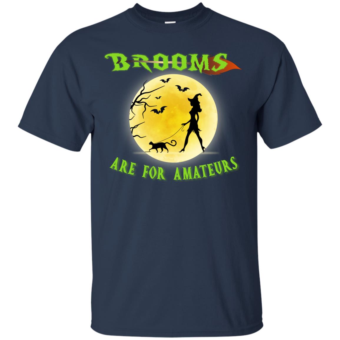 Brooms Are For Amateurs Witches Walk With Cat Funny Halloween Shirt Navy