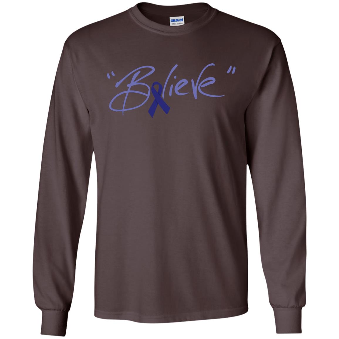Colon Cancer Awareness Shirt Dark Blue Ribbon Believe Dark Chocolate