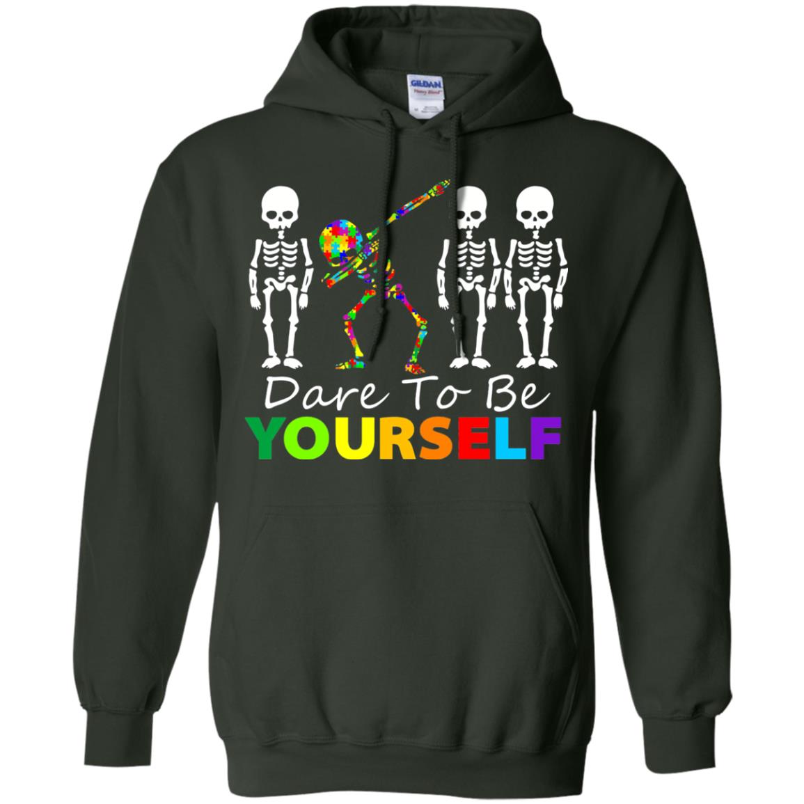 Skeleton Dabbing Dare To Be Yourself Autism Awareness Shirt Forest Green
