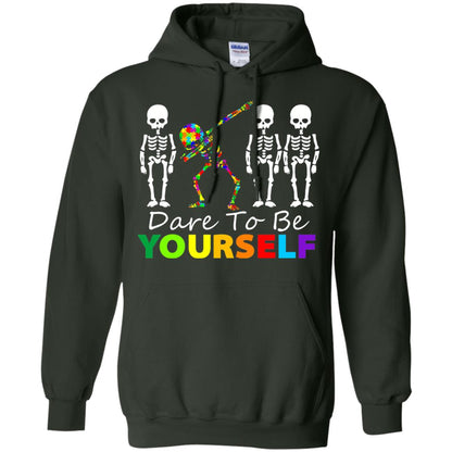 Skeleton Dabbing Dare To Be Yourself Autism Awareness Shirt Forest Green