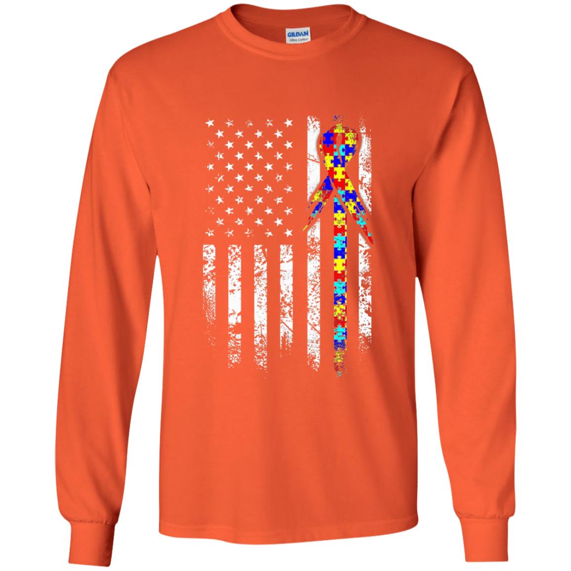 American Flag Distressed Autism Awareness T-shirt Orange