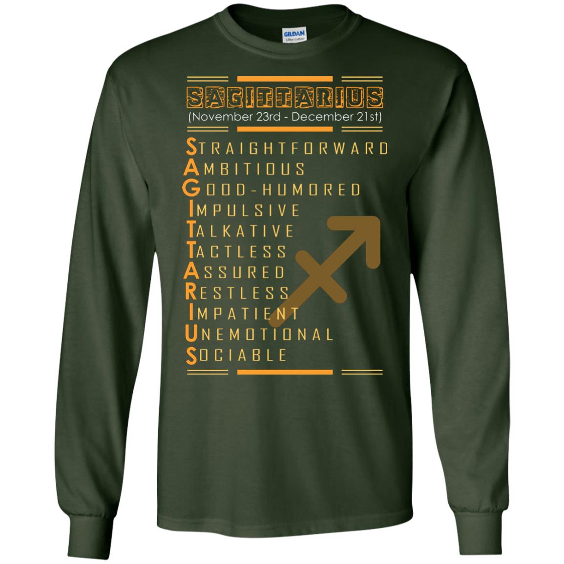 Sagittarius Birthday Shirt Straightforward Ambitious Good Humored Impulsive Talkative Forest Green