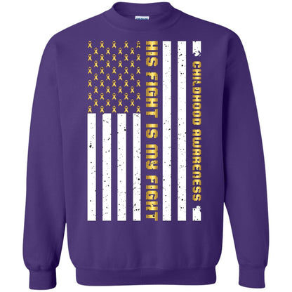 Childhood Awareness His Fight Is My Fight Gold Ribbon Stars Flag Of Usa Shirt Purple