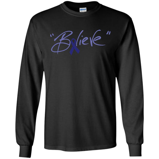 Colon Cancer Awareness Shirt Dark Blue Ribbon Believe Black