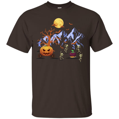 Dancing Skeleton With Pumpkin Funny Halloween Gift Shirt Dark Chocolate