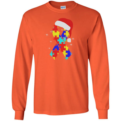 Autism Puzzle Ribbon Santa Hat X-mas Gift Shirt Orange
