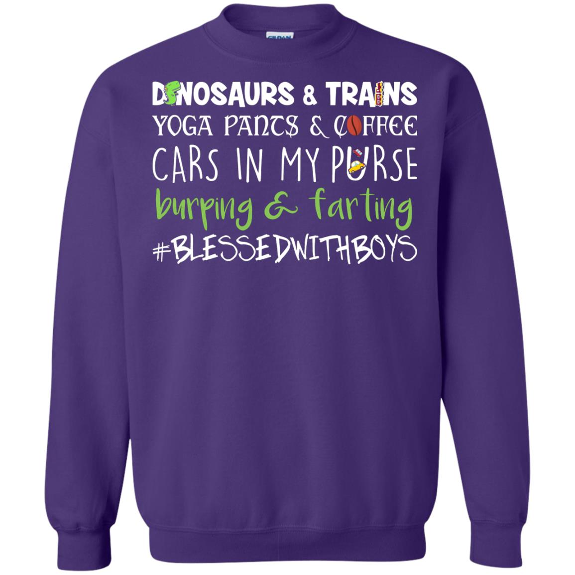 Dinosaurs And Trains Yoga Pants And Coffee Cars In My Purse Buring Farting Mom Of Boys Shirt Purple