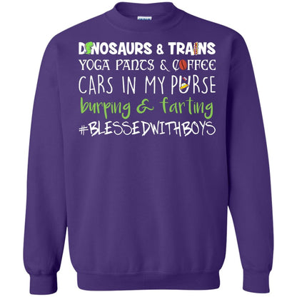 Dinosaurs And Trains Yoga Pants And Coffee Cars In My Purse Buring Farting Mom Of Boys Shirt Purple