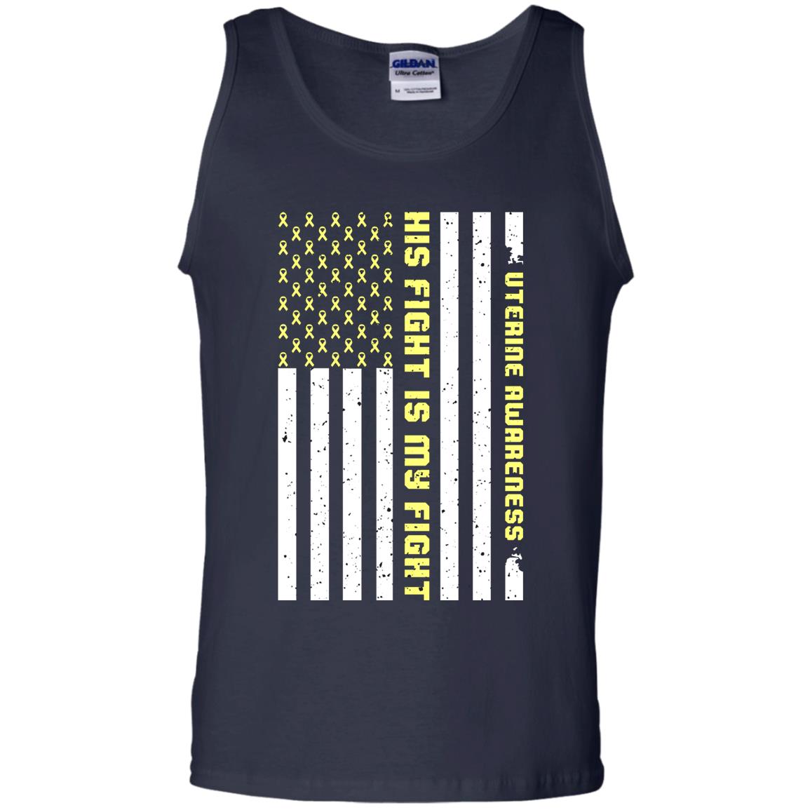 Uterine Awareness His Fight Is My Fight Peach Ribbon Stars Flag Of Usa Shirt Navy