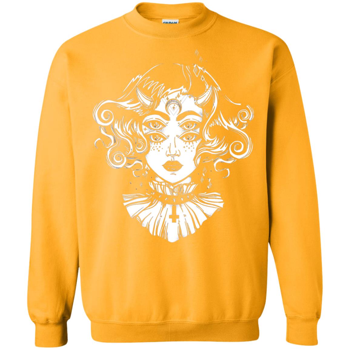 Horned Devil Girl Tshirt Satanic Halloween Glitch Goth Gold