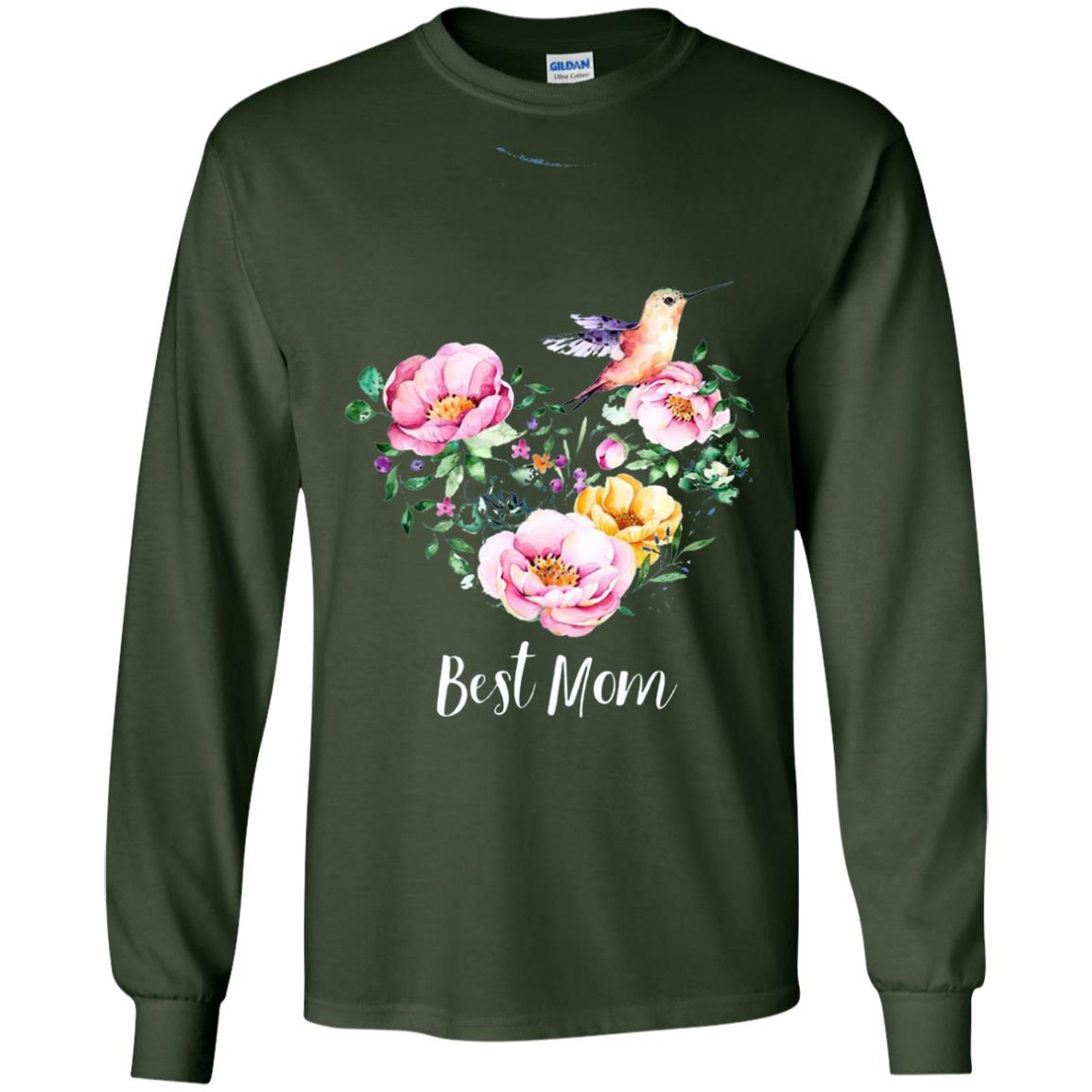 Best Mom Hummingbird Flower Heart Mommy Shirt Forest Green