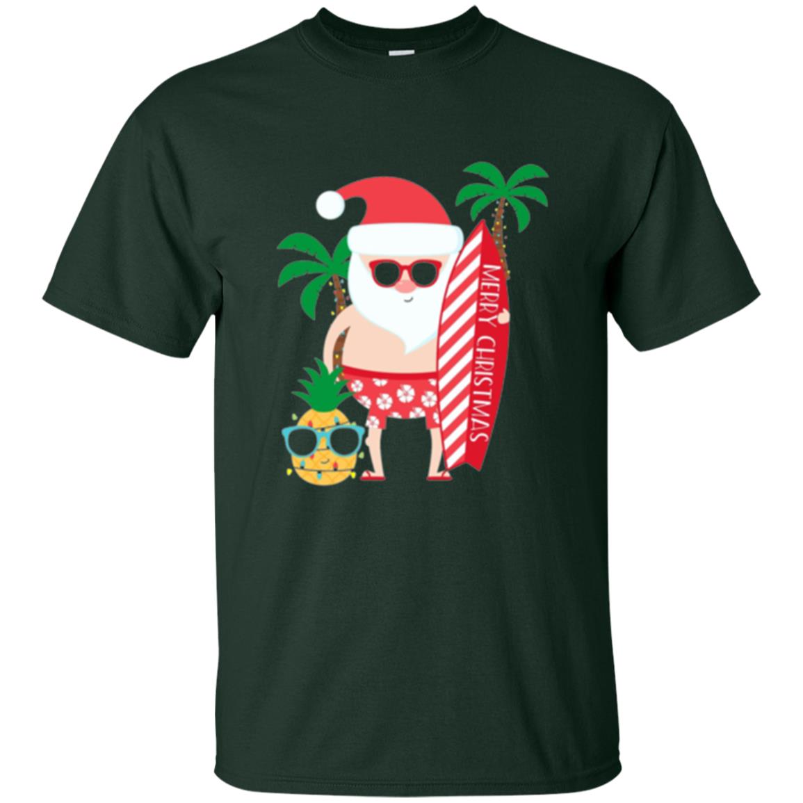 Christmas T-shirt Santa Claus Surfing Hawaiian Forest Green