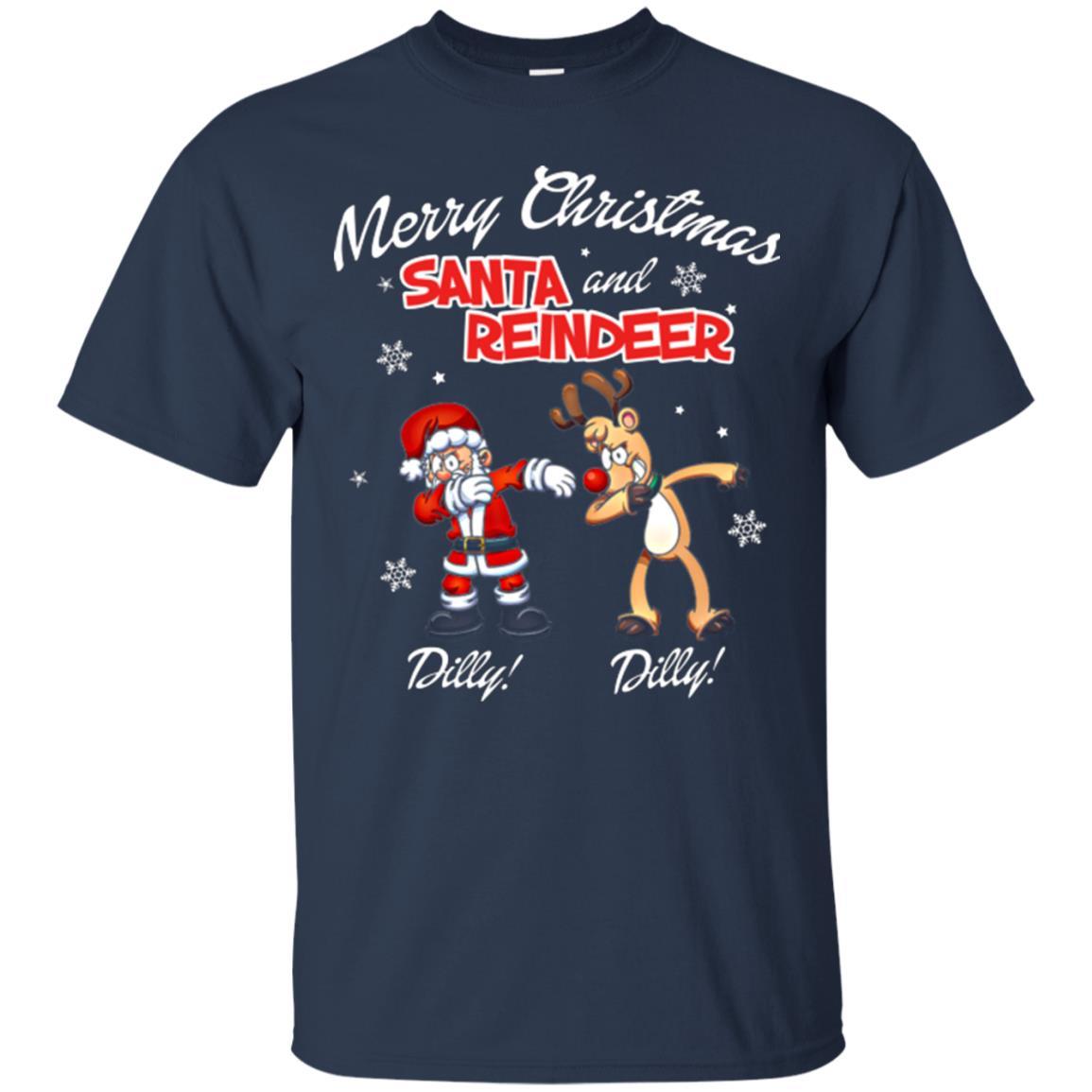 Christmas T-shirt Merry Christmas Santa And Reindeer Dilly Dilly Navy