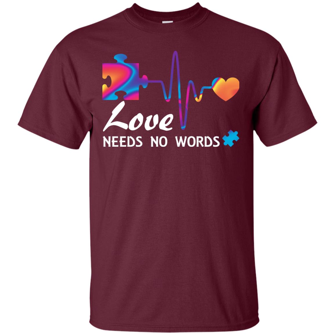 Love Needs No Words Puzzle Heartbeat Gift Shirt For Autism Awareness Maroon