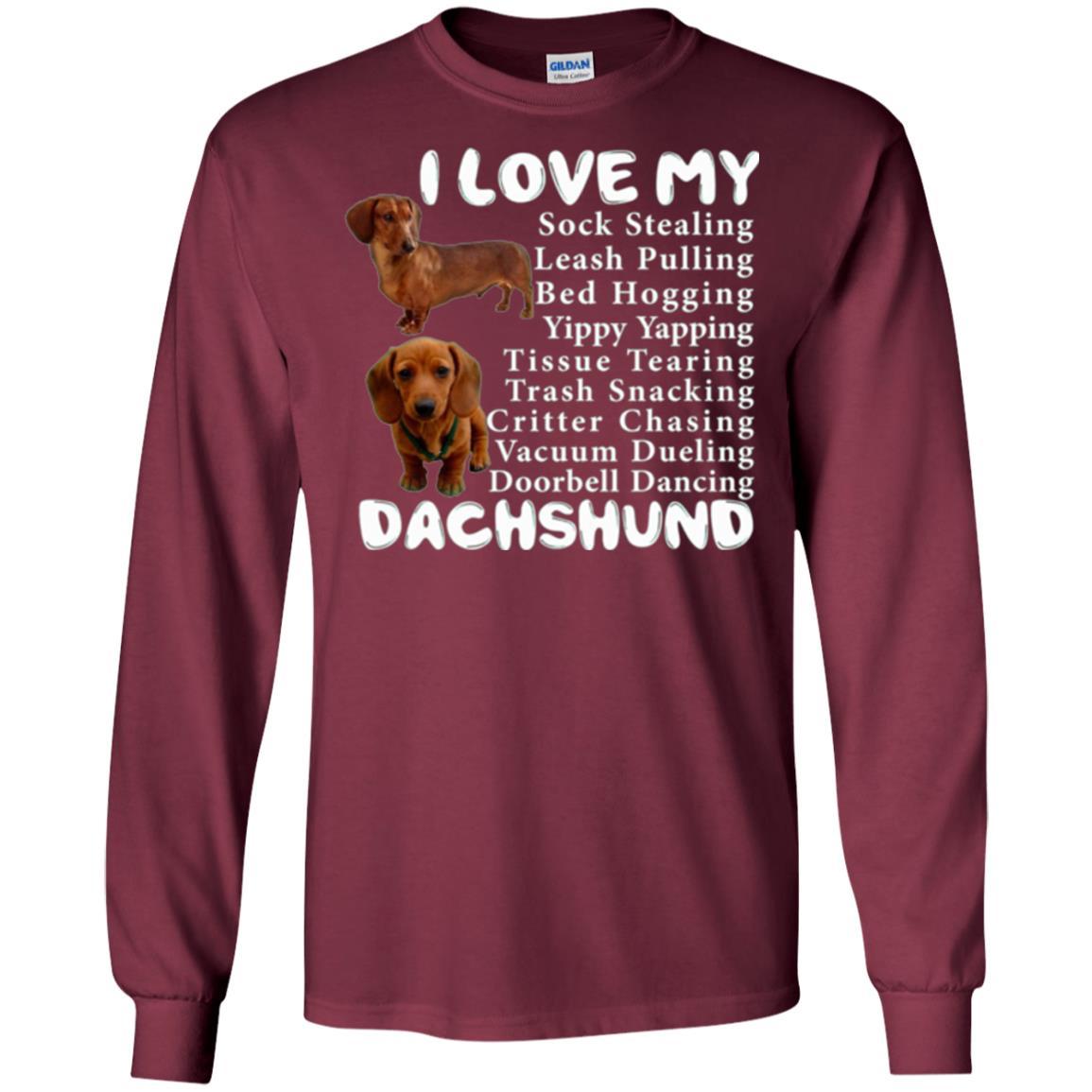 Dachshund T-shirt Sock Stealing Bed Hogging Maroon