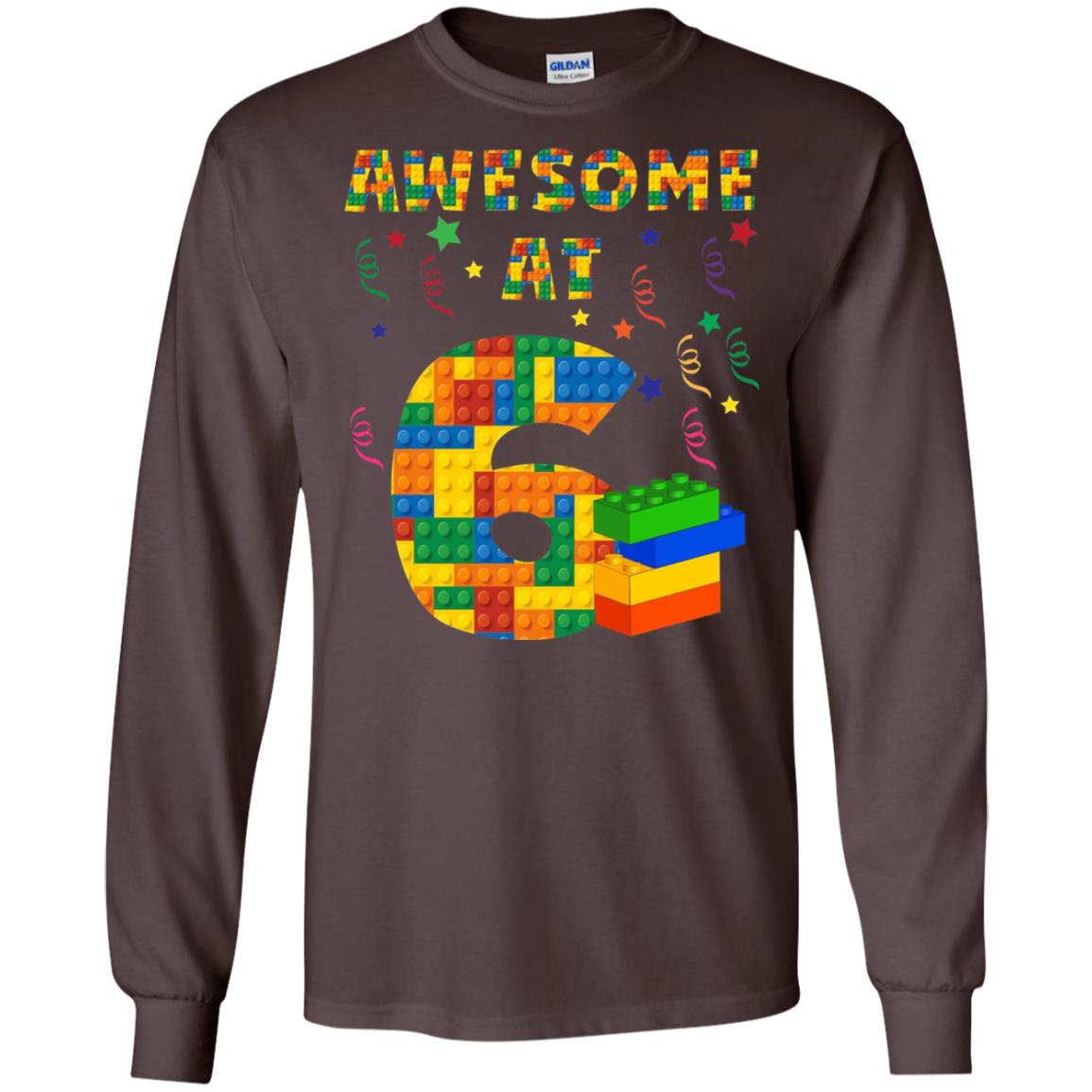 Awesome At 6 Age 6 Six Blocks Bricks Theme Shirt Dark Chocolate