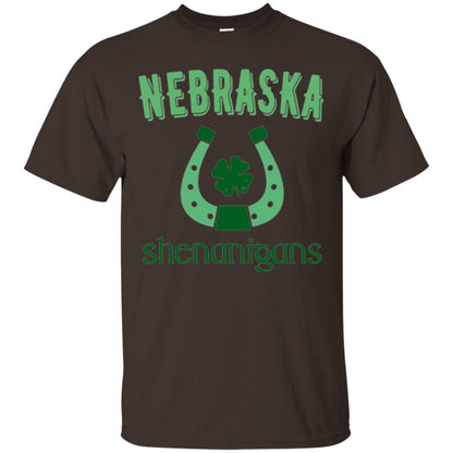 Nebraska Shenanigans Horseshoe Clover St Patrick_s Day T-shirt Dark Chocolate