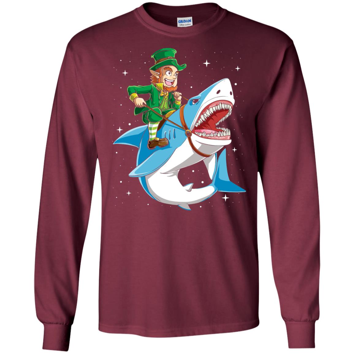 Leprechaun Riding Shark St Patricks Day T-shirt Maroon