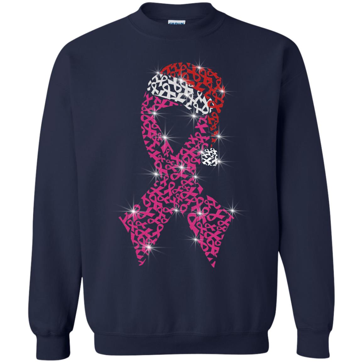 Pink Ribbon With Santa Hat Breast Cancer Awareness X-mas Gift Shirt Navy