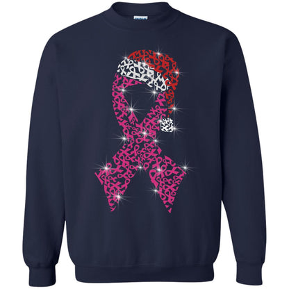 Pink Ribbon With Santa Hat Breast Cancer Awareness X-mas Gift Shirt Navy