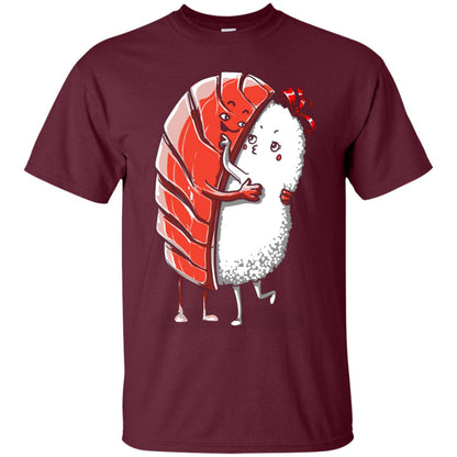 Sushi Lover T-shirt Salmon Sashimi Sushi Hug Love Maroon