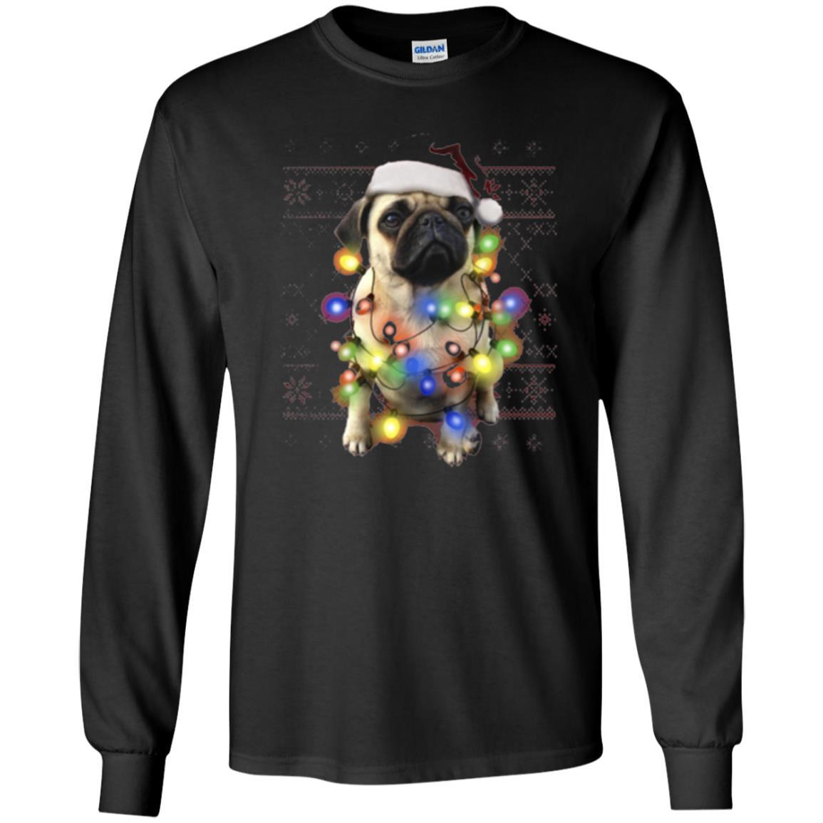 Dog Lover T-shirt Ugly Sweater Photoreal Christmas Lights Pug Graphic Black