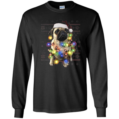 Dog Lover T-shirt Ugly Sweater Photoreal Christmas Lights Pug Graphic Black