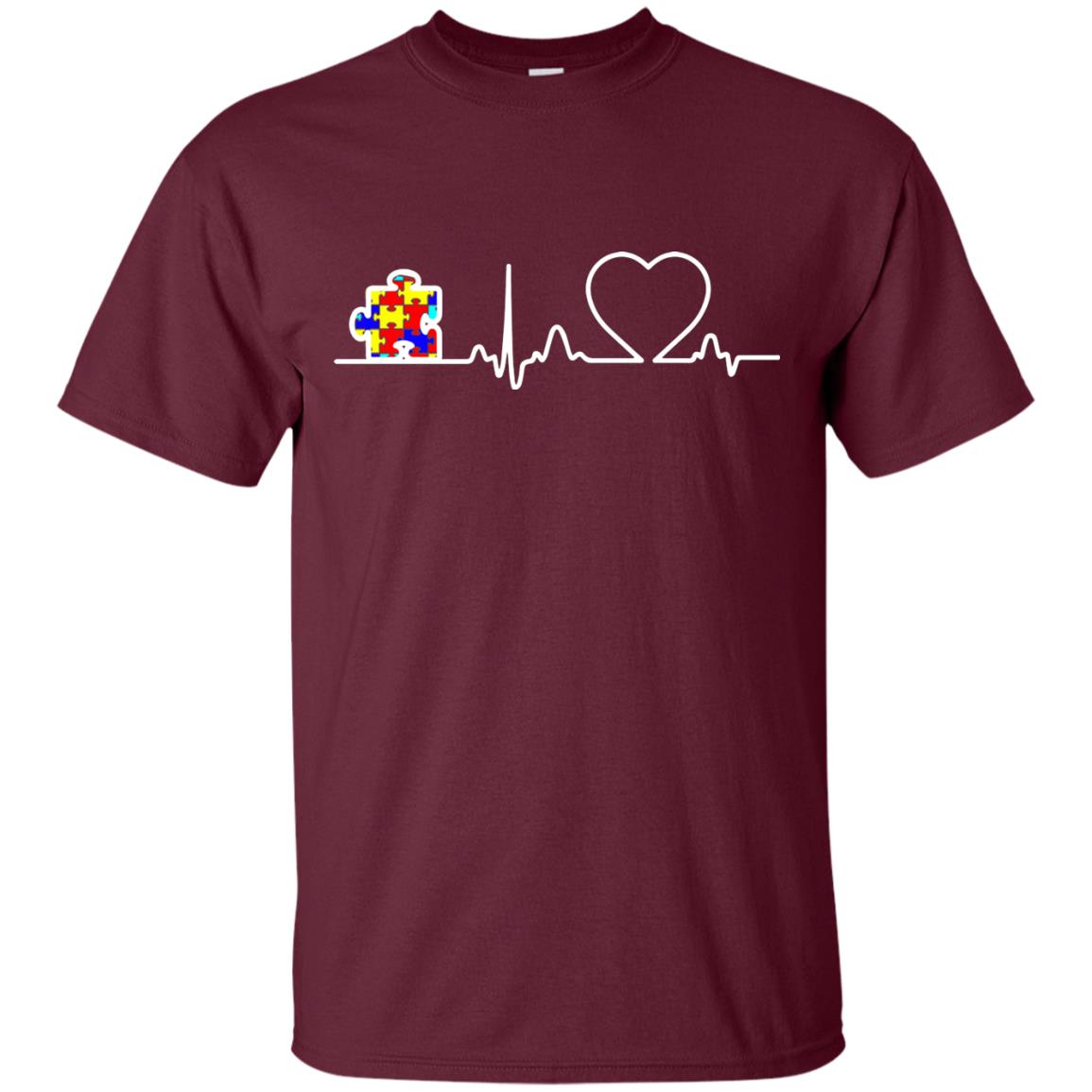 Puzzle Ribbon Heartbeat Autism Awareness T-shirt Maroon