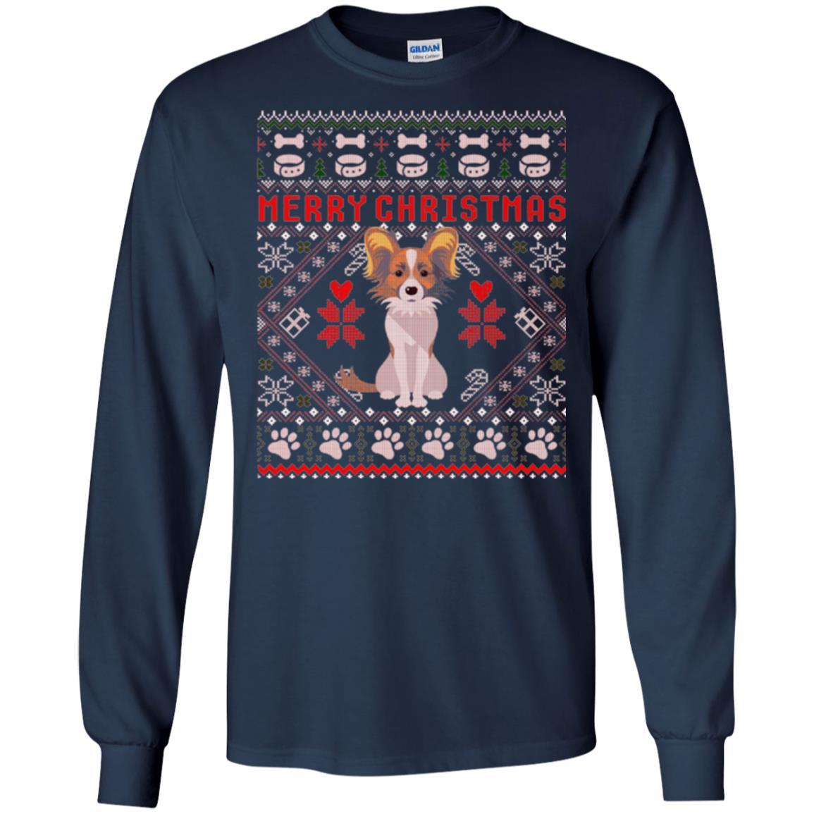 Dog Lover T-shirt Papillon Dog Merry Christmas Navy