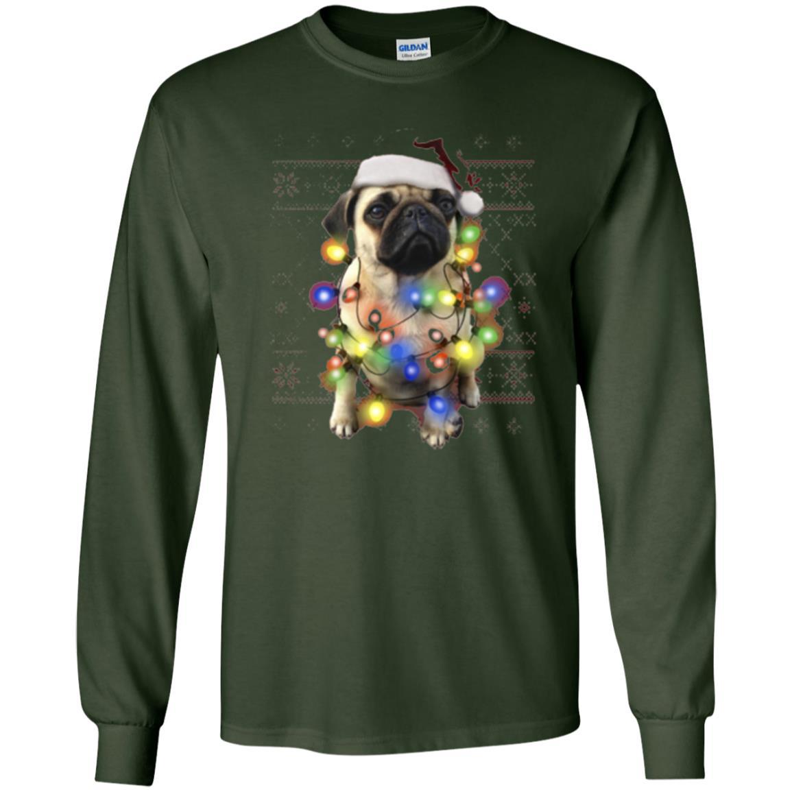 Dog Lover T-shirt Ugly Sweater Photoreal Christmas Lights Pug Graphic Forest Green