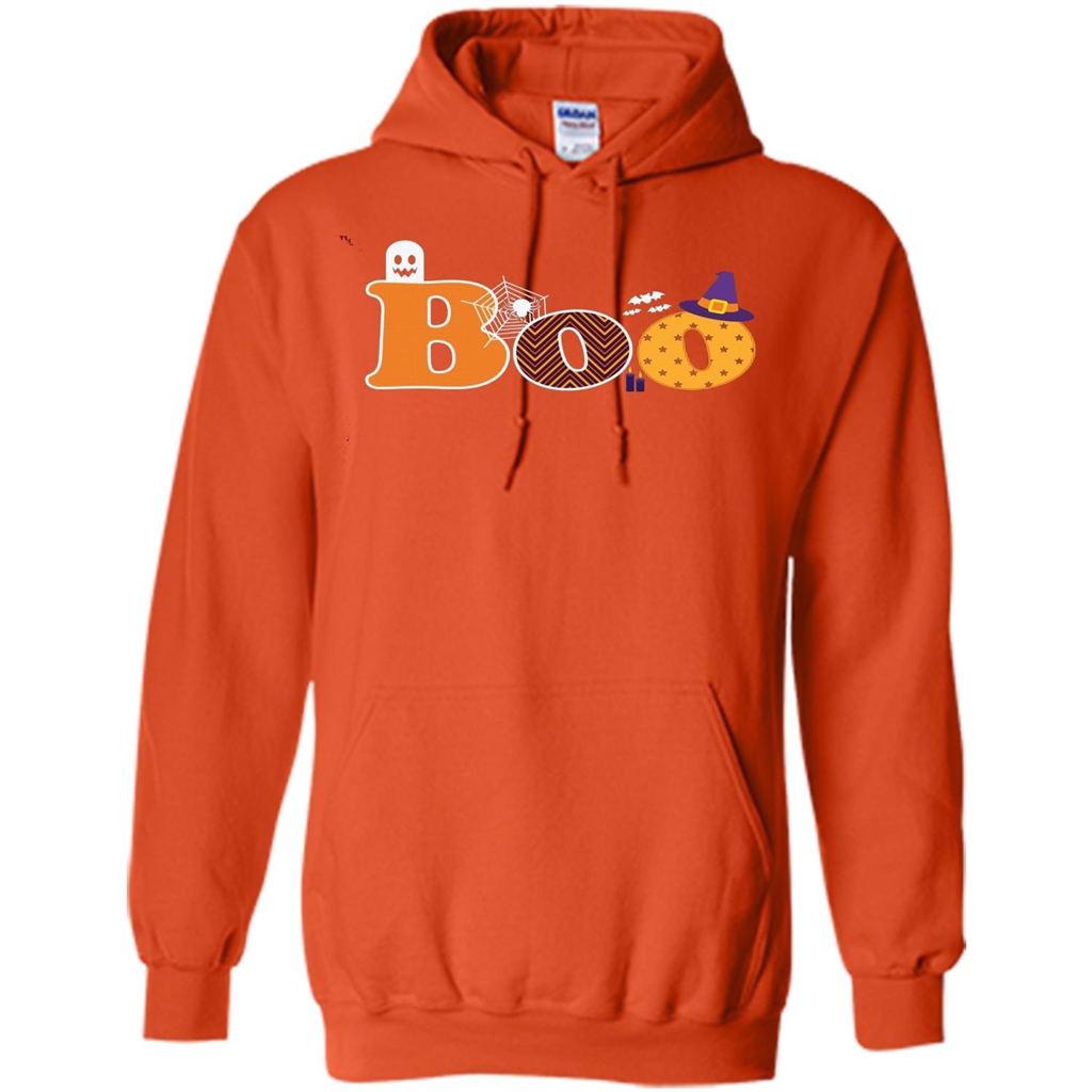 Boo Halloween T-Shirt With Ghost, Spider, Bat and Witch Hat Orange