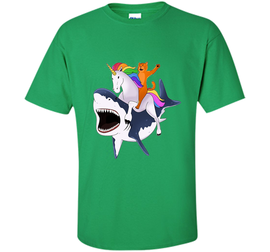 Cat Riding Unicorn Riding Shark T-shirt Irish Green