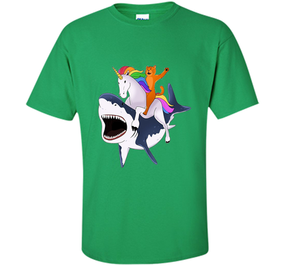 Cat Riding Unicorn Riding Shark T-shirt Irish Green