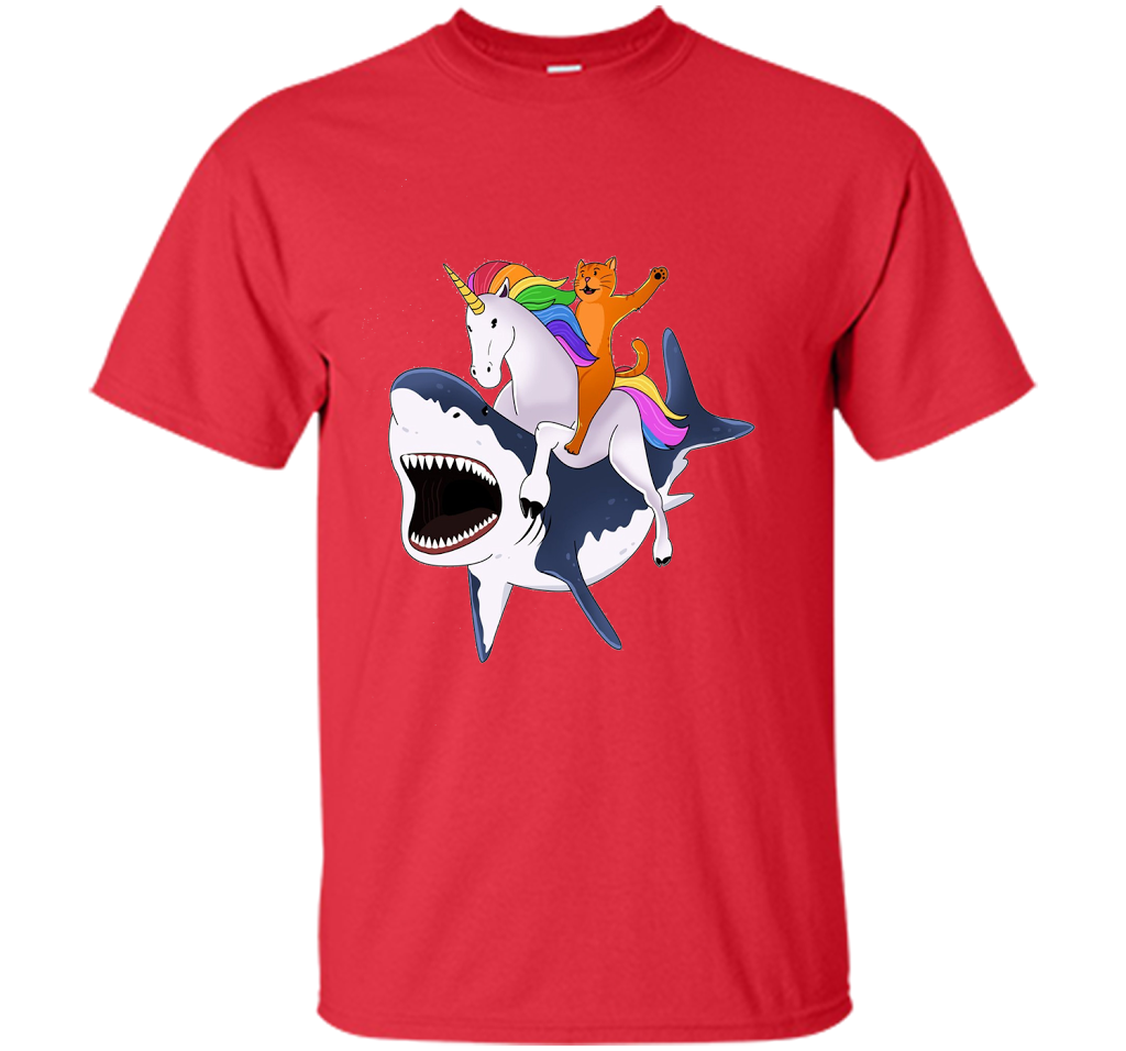 Cat Riding Unicorn Riding Shark T-shirt Red