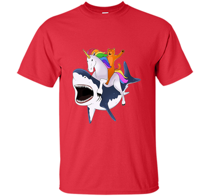 Cat Riding Unicorn Riding Shark T-shirt Red