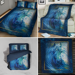 Aesthetic Blue Wave Horse 3D Bed Set