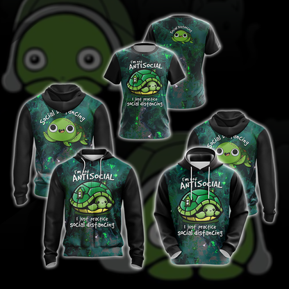 I Just Practice Social Distancing Funny Turtle Unisex Zip Up Hoodie