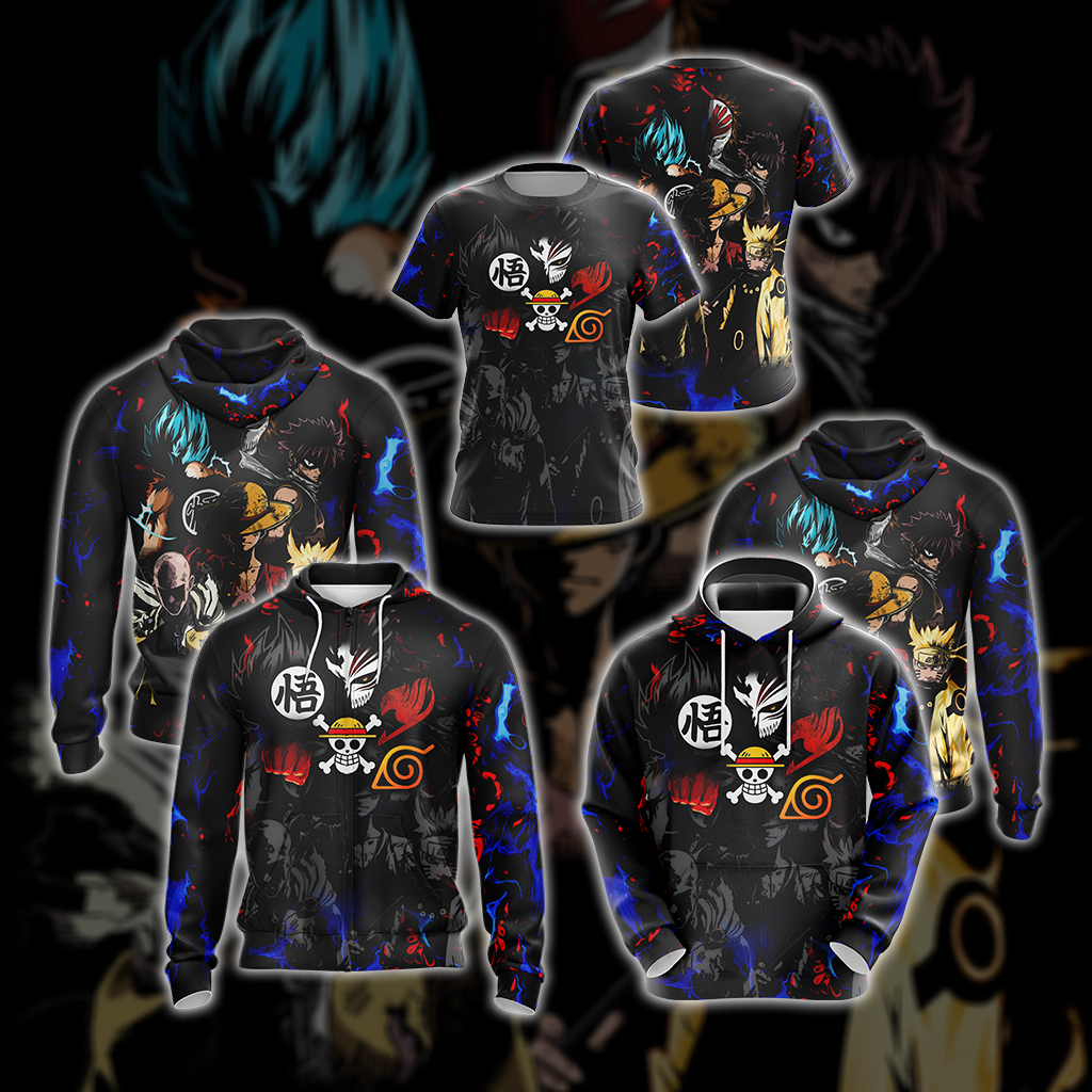 Heroes Mashup Saita,a. Luffy, Goku, Naruto, Natsu Unisex 3D Hoodie