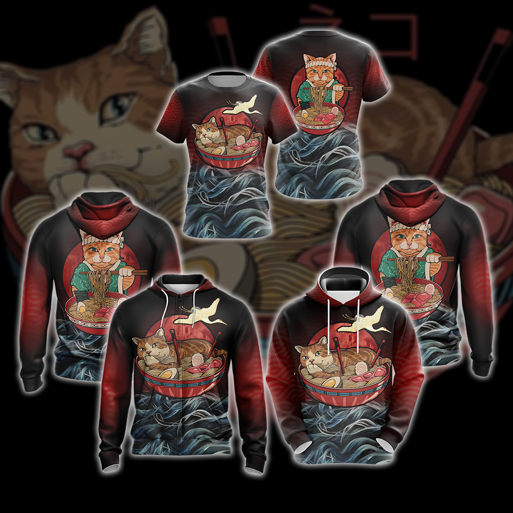 Vintage Cat and Ramen Japanese Style Unisex 3D T-shirt