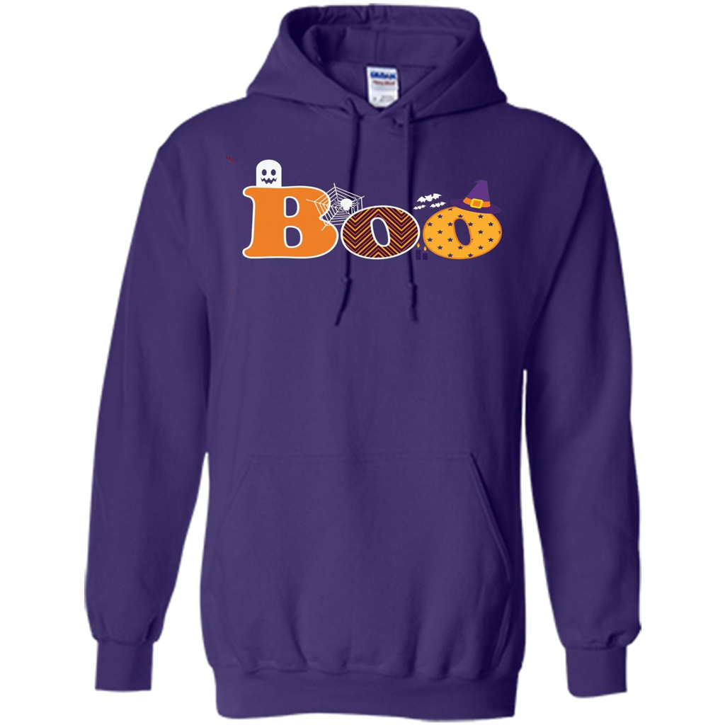 Boo Halloween T-Shirt With Ghost, Spider, Bat and Witch Hat Purple