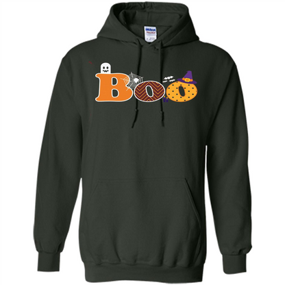 Boo Halloween T-Shirt With Ghost, Spider, Bat and Witch Hat Forest Green