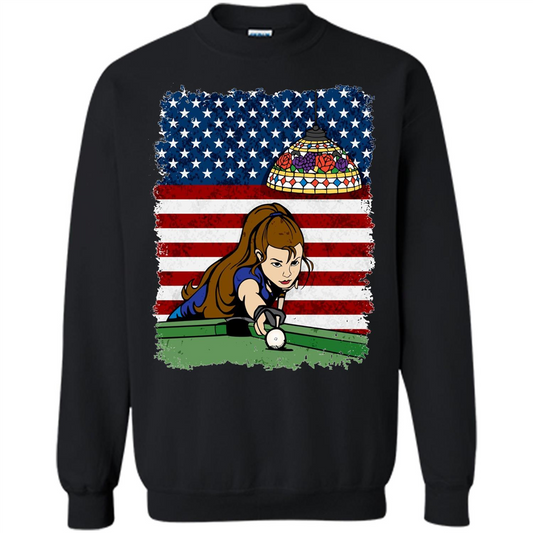 Female Pool Player on American Flag Patriotic T-shirt Black