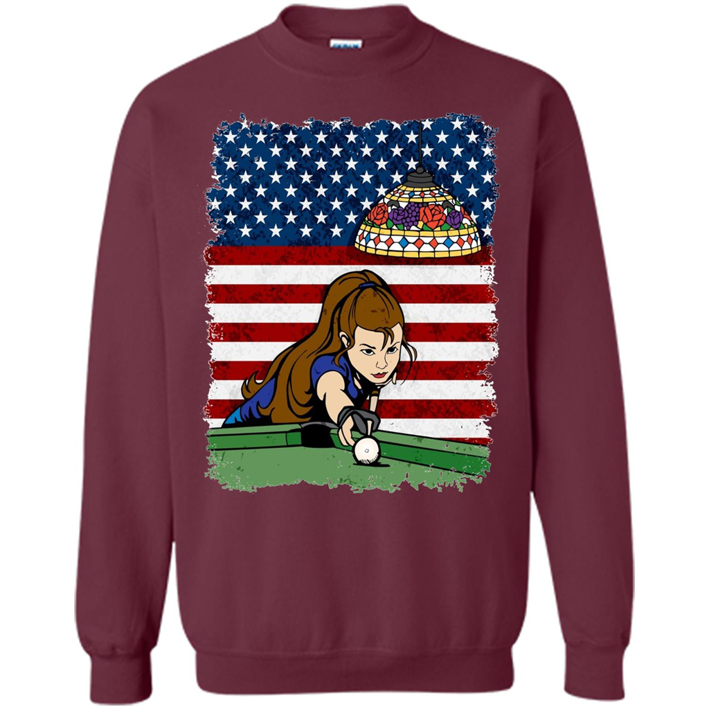 Female Pool Player on American Flag Patriotic T-shirt Maroon