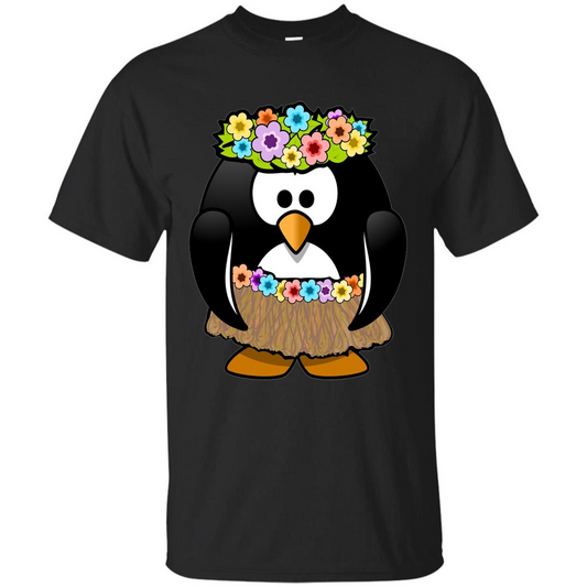 Hawaiian Hula Cartoon Penguin T-shirt Black