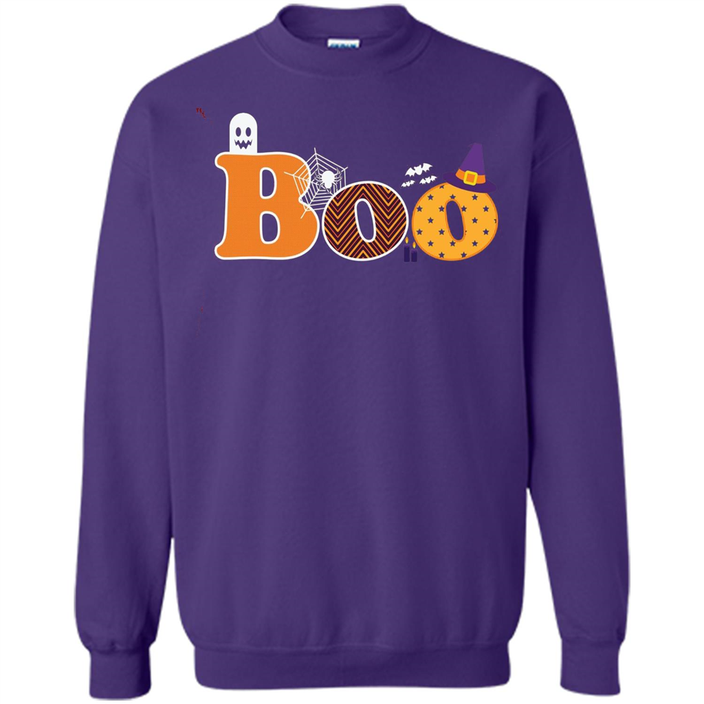 Boo Halloween T-Shirt With Ghost, Spider, Bat and Witch Hat Purple
