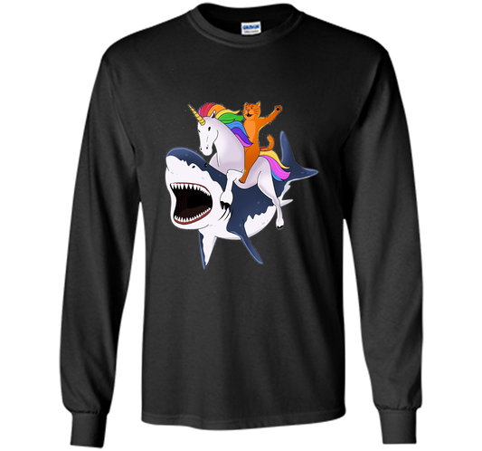 Cat Riding Unicorn Riding Shark T-shirt Black